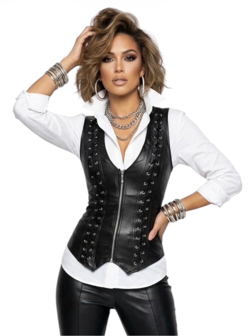 Oh Yes! Faux Leather Front Lace-Up Zip-Up Corset Top - Picture 2 of 11